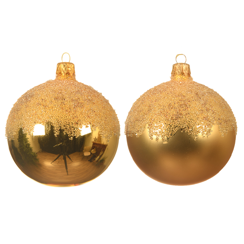 Goldfarbene Weihnachtskugel, oben mit Glitzer verziert, Ø8 cm