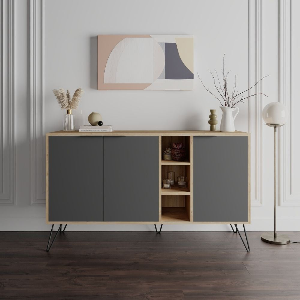 Clara Sideboard Eiche Eiche 3 Anthrazittüren 142x35,5x83h