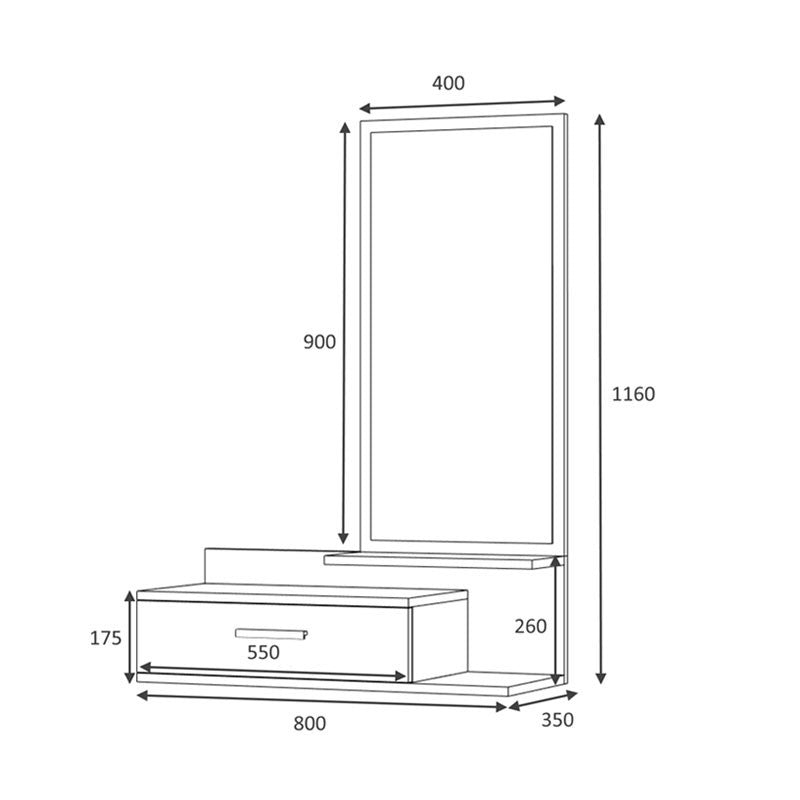 Eingangswandschrank mit Spiegel und Schublade aus weißer Eiche, 80 x 35 x H. 116 cm