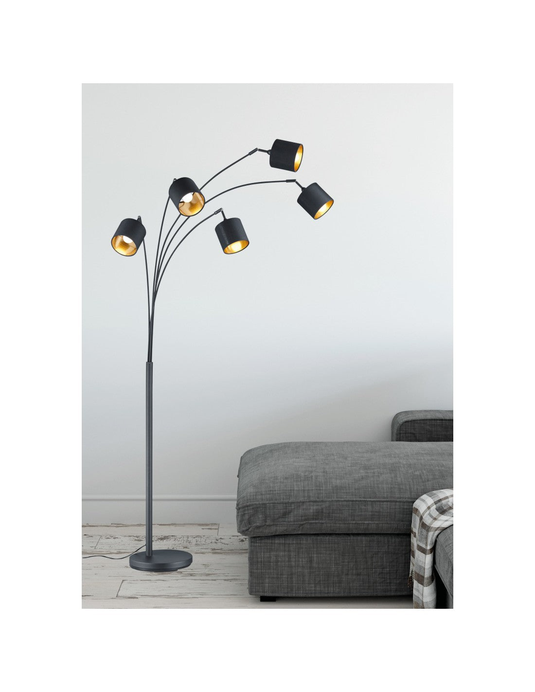 Stehleuchte Tommy Nero 5xE14 Schwarz-Gold Stoff H200 cm Trio Lighting
