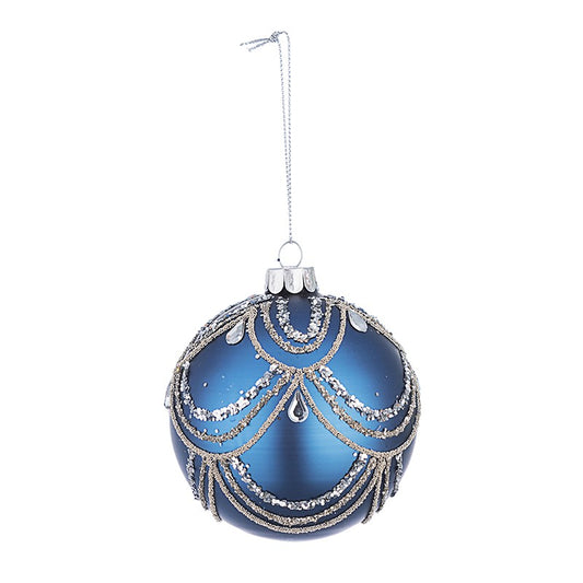 Aufwändige blaue Weihnachtskugel aus Glas, 8 cm