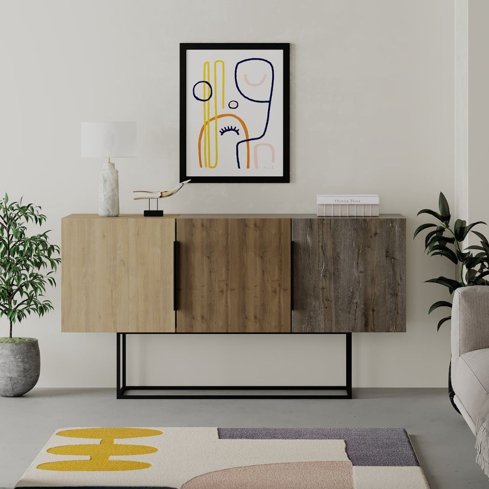 Tontini Sideboard 3 Türen in Walnuss-Eiche und dunkler Kaffeefarbe 150 cm