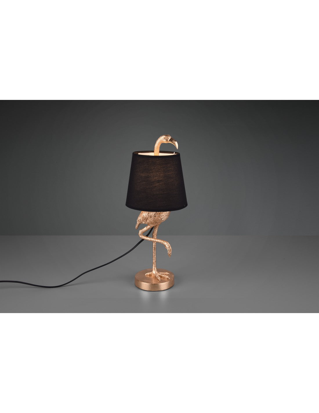 Dekorative Lampe mit goldenem Flamingo und schwarzem Lampenschirm von Lola Trio Lighting