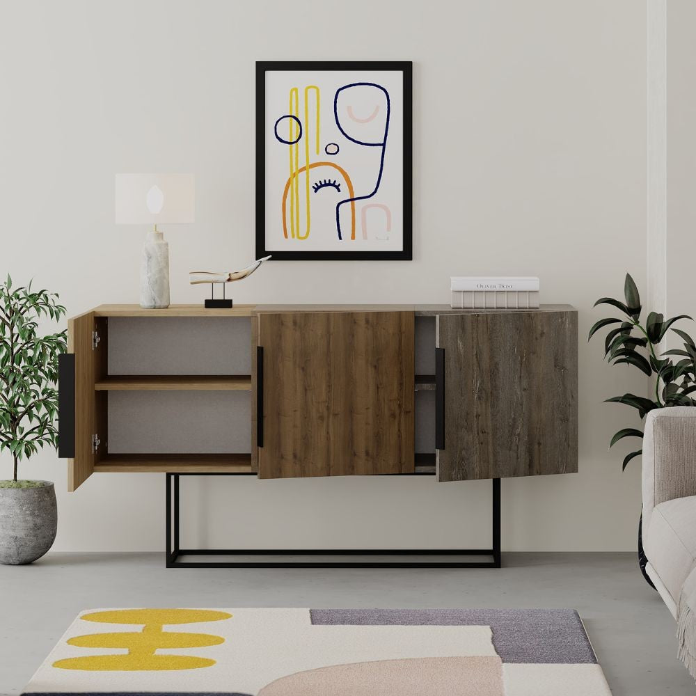 Tontini Sideboard 3 Türen in Walnuss-Eiche und dunkler Kaffeefarbe 150 cm