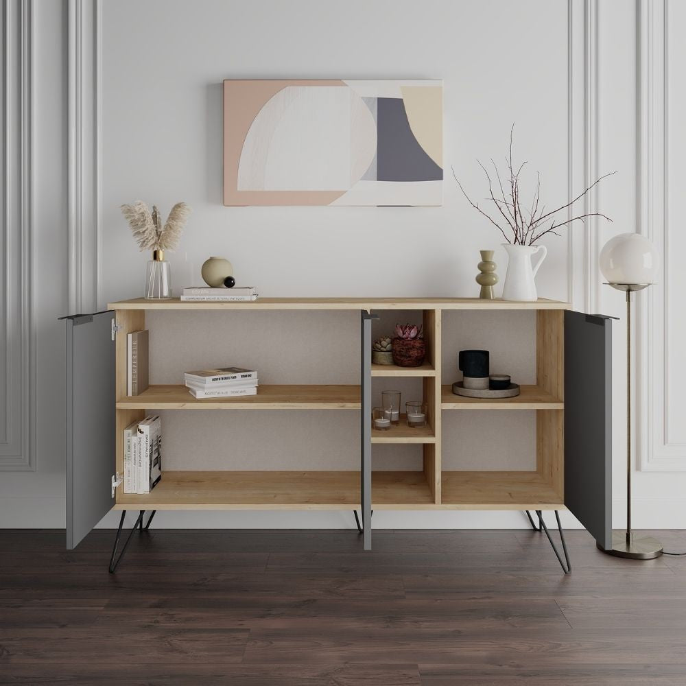 Clara Sideboard Eiche Eiche 3 Anthrazittüren 142x35,5x83h