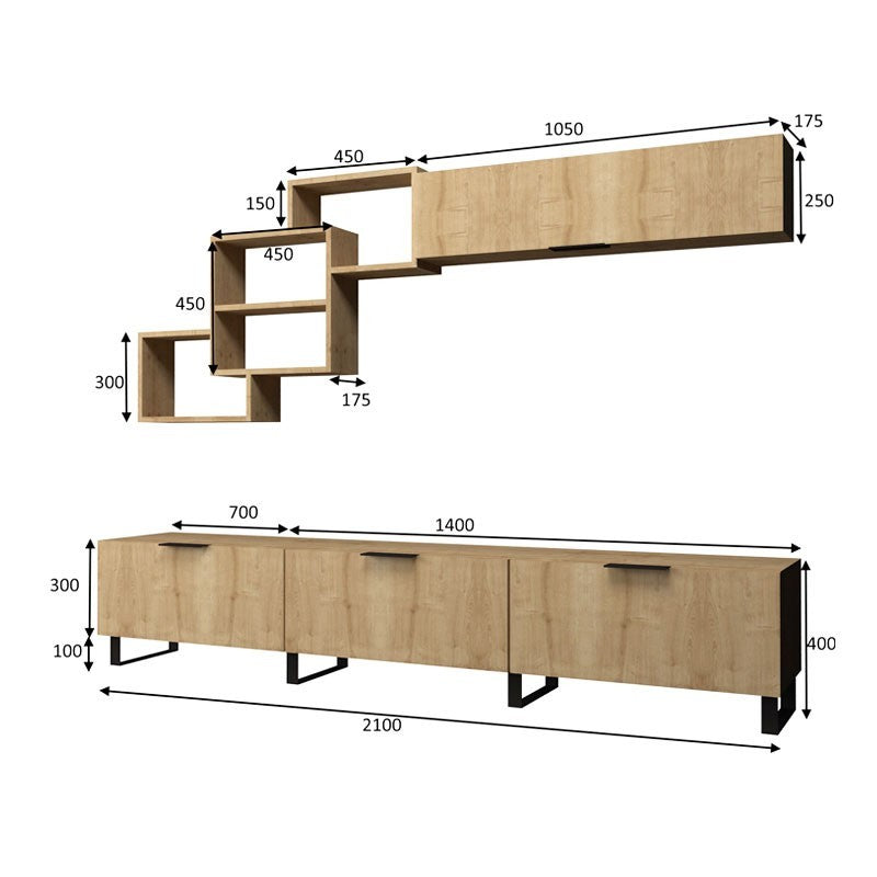 Hängeschrank mit 3 Klappen und sichtbaren Hängeschränken aus Eiche 210x35xh.40 cm