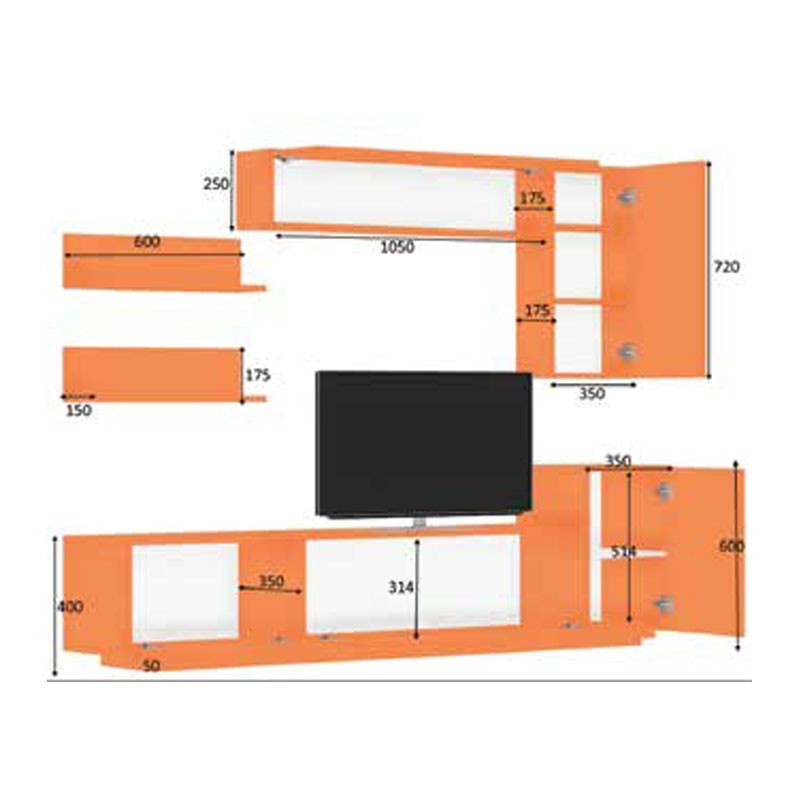 Hängeschrank mit 3 Klappen und Hängeschränken aus Weißeiche 200x35xh.40-60 cm