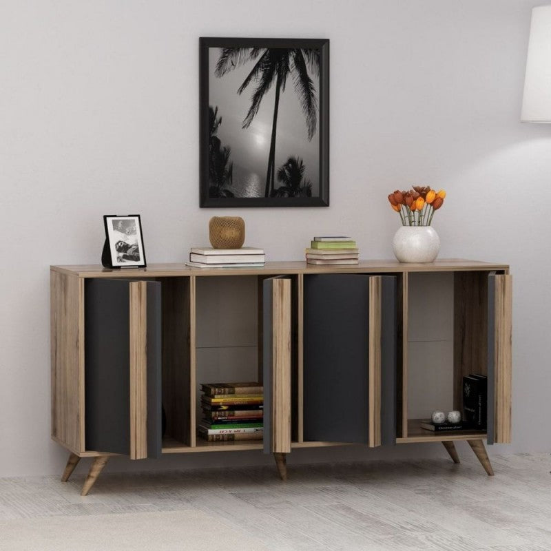 4-türiges Sideboard aus anthrazitfarbenem Walnussholz, 160 x 40 x 79 cm