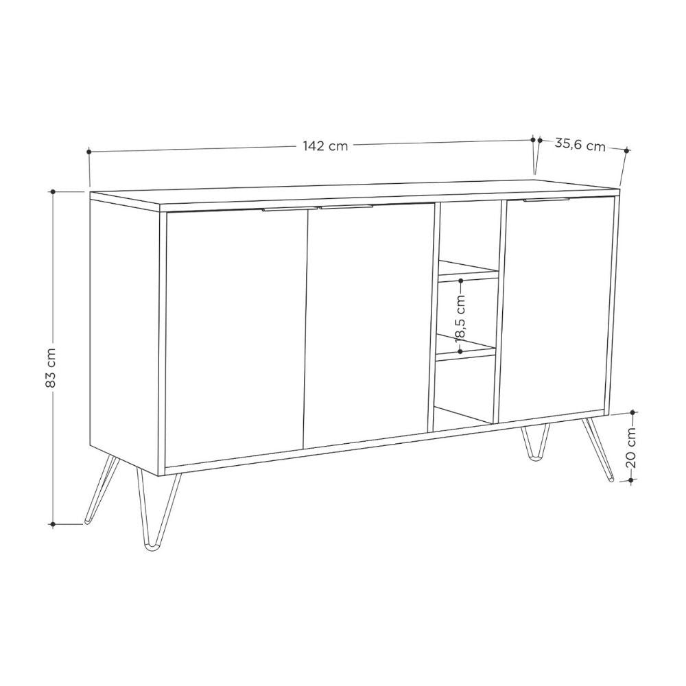 Clara Sideboard Eiche Eiche 3 Anthrazittüren 142x35,5x83h