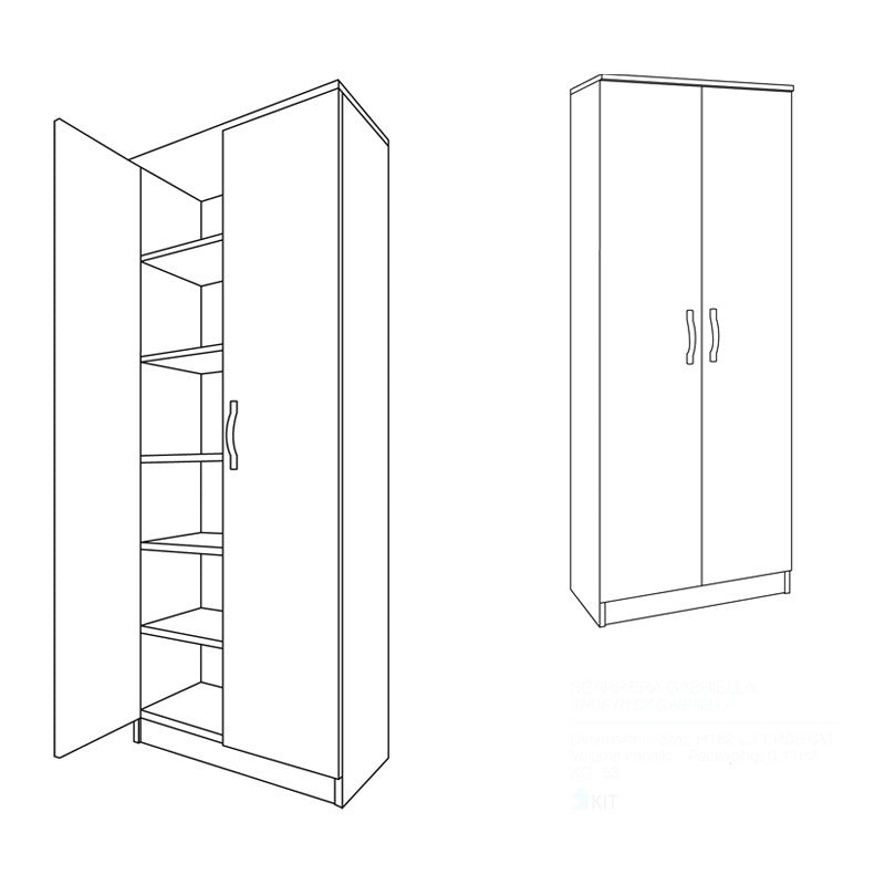 Mehrzweck-Schuhschrank im Landhausstil aus Walnussholz mit zwei Türen und 6 Einlegeböden, H. 182 x 71 x 38 cm