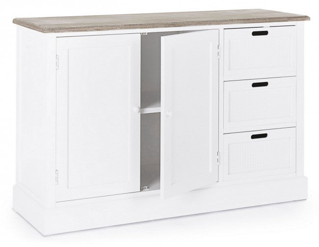 Weißes MDF-Sideboard mit zwei Türen und drei Schubladen DOROTEA 123x40x h82 cm