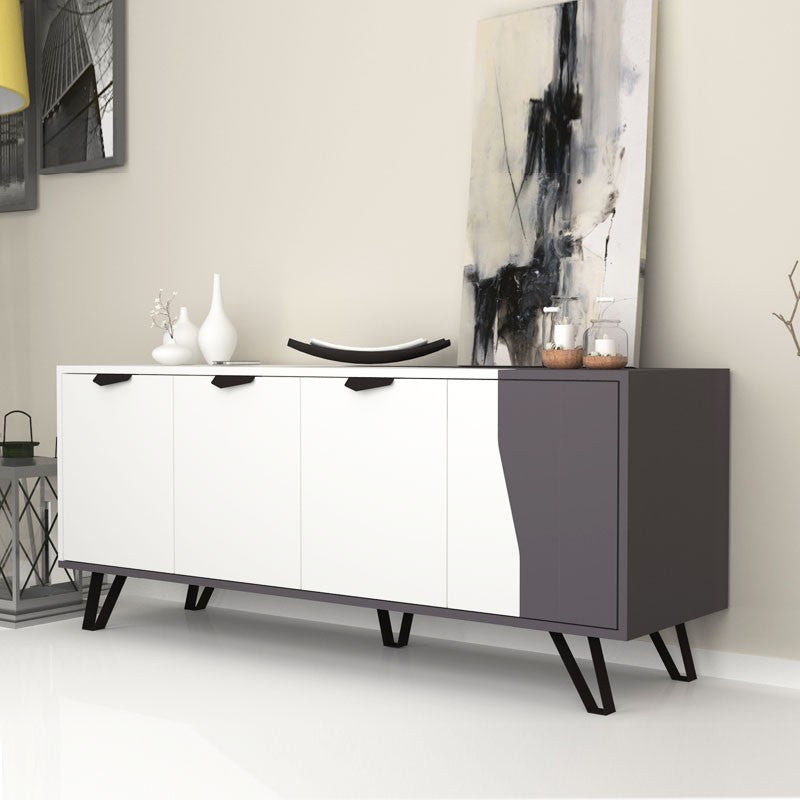 Weißgrauer 4-türiger Sideboard-Schrank 160x45xh.77 cm