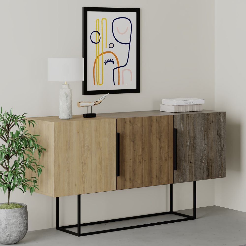 Tontini Sideboard 3 Türen in Walnuss-Eiche und dunkler Kaffeefarbe 150 cm